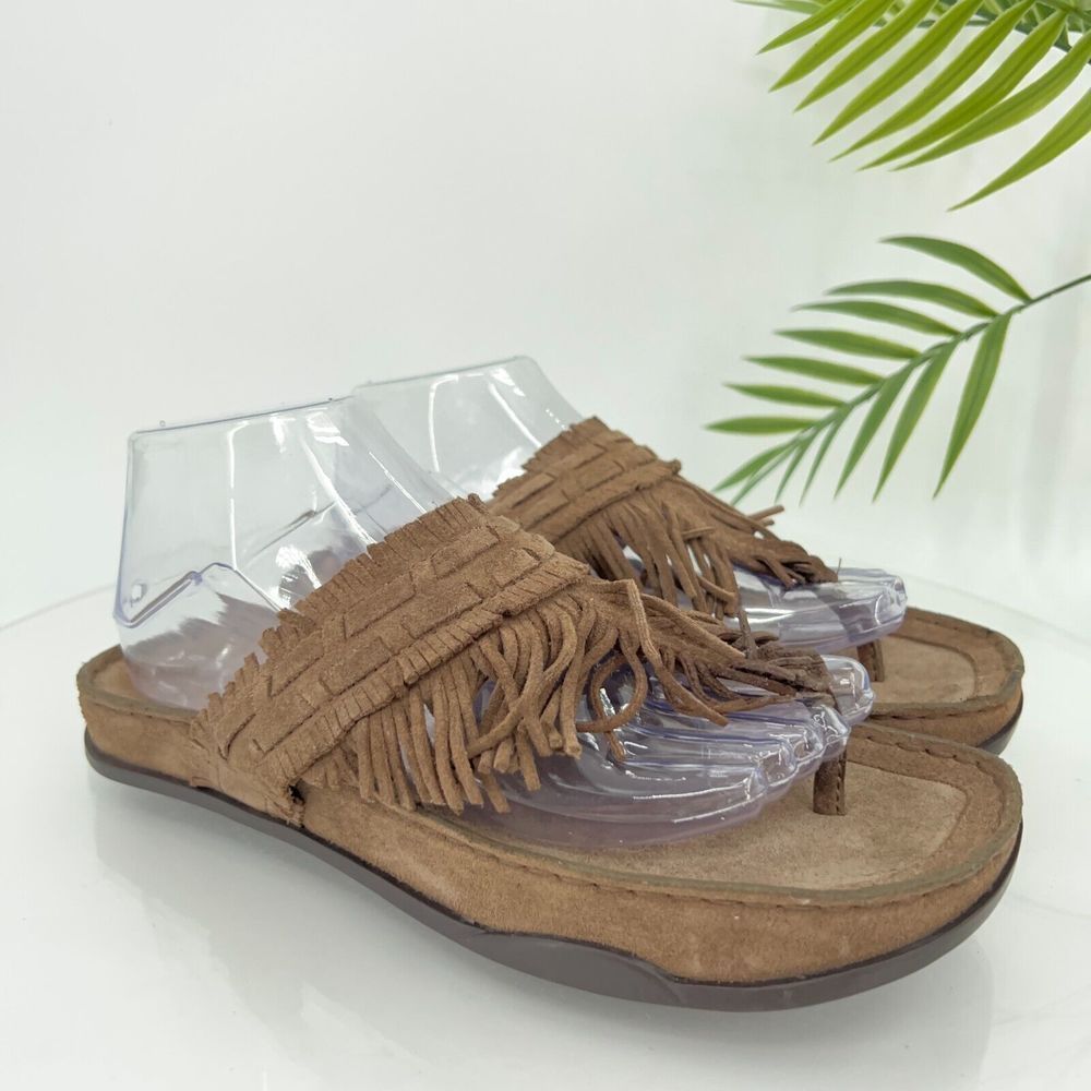 Earth Energy Sandals Women's Size 8.5 Brown Suede Leather Thong Slides Fringe.